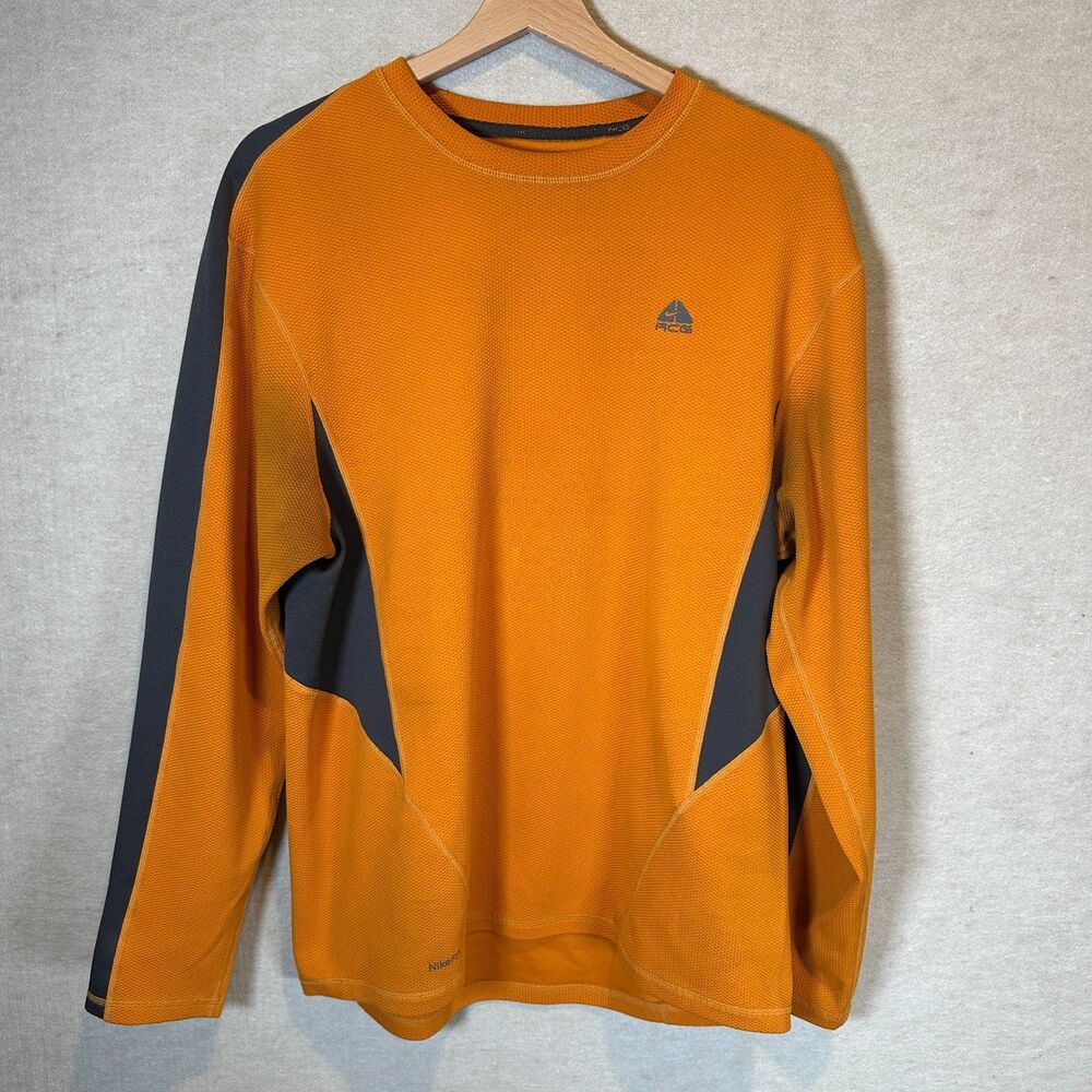 Nike ACG Long Sleeve Shirt Mens L Orange Gray Waffle Knit Fit Base Layer